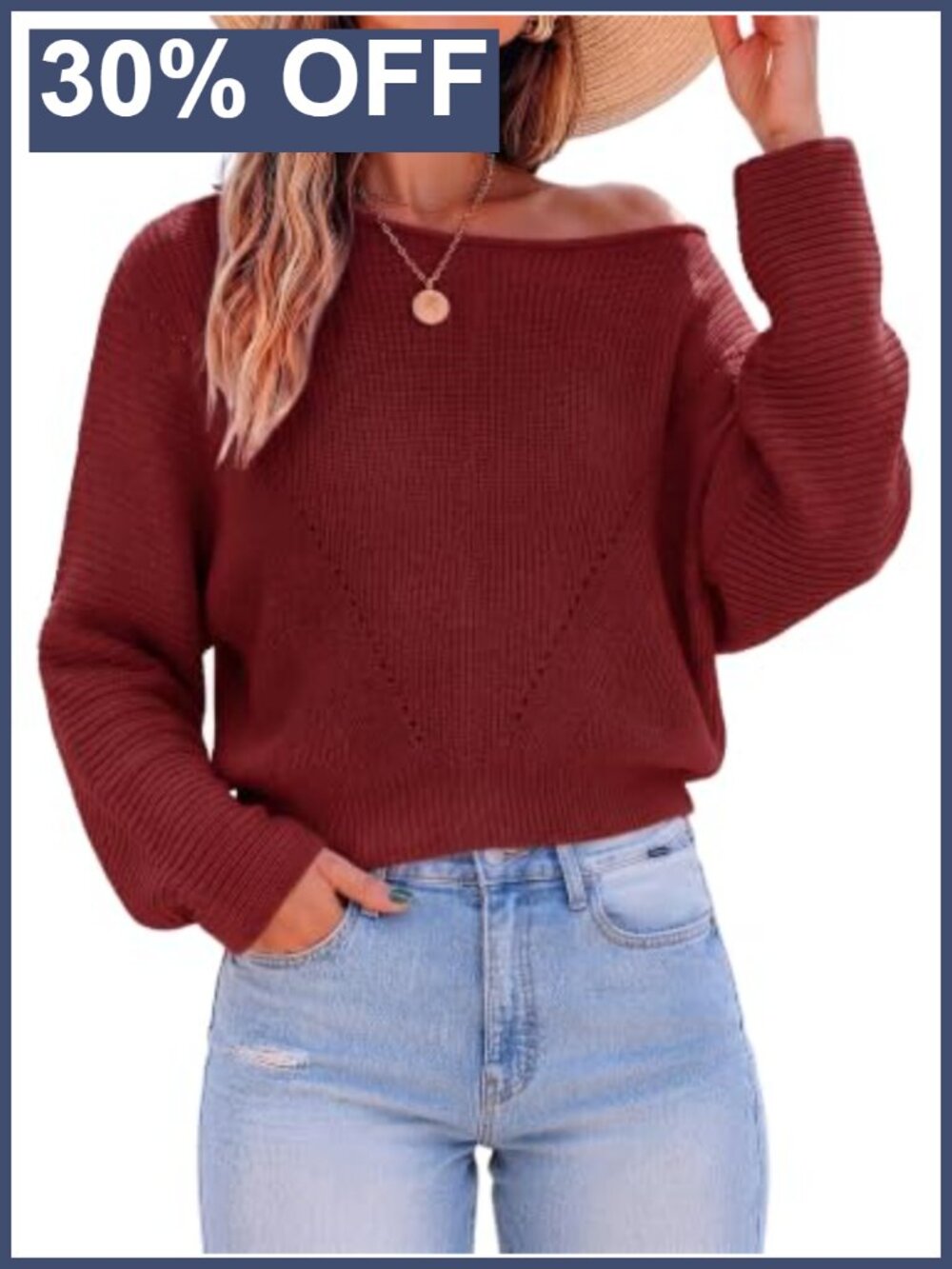 Womens Off Shoulder Knit Sweater Batwing Sleeve Boat Neck Pullover